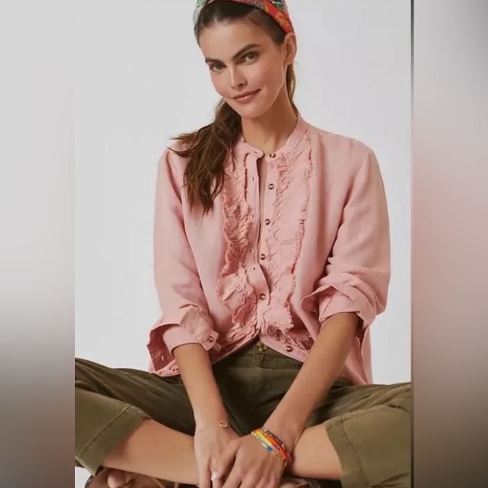 Anthropology, NWT Pilcro , Blush Stand-Up Collar Ruffled Blouse